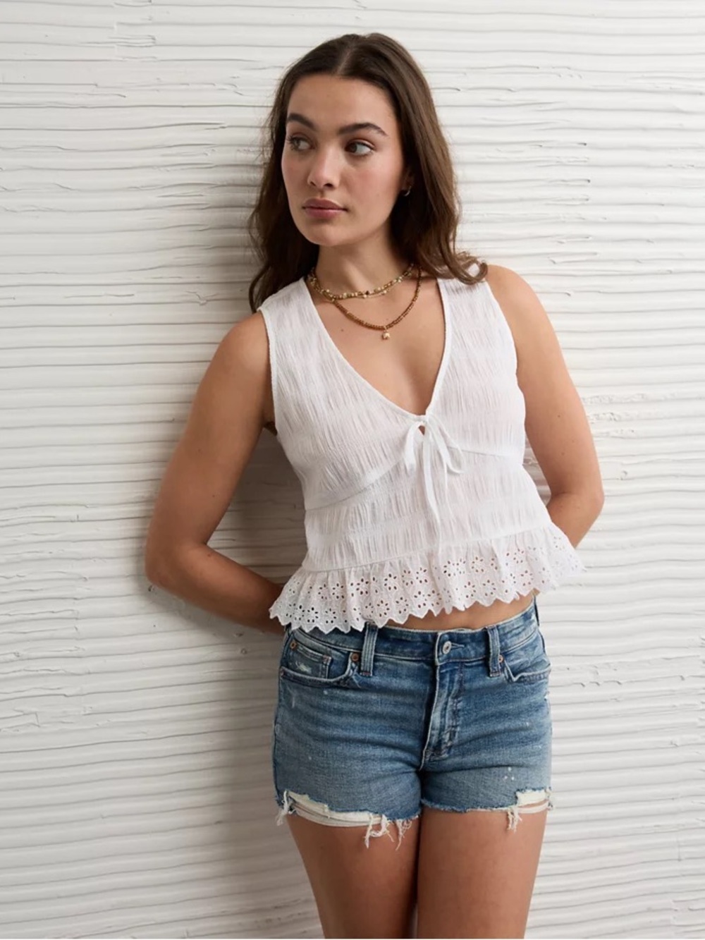 AE Smocked Tie-Front Peplum Tank Top